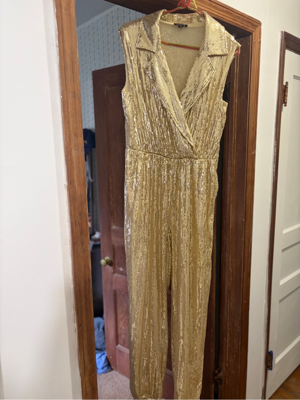 VENUS Gold Sequin Lapel Wrap Jumpsuit Small - Hoco Holiday Formal Like New